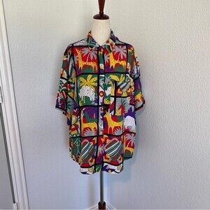 Vintage Bellows Brut Le Garage France Red Blue Vibrant Color Tropical Top SZ L